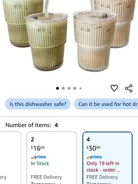 Amazon Ribbed Reusable Glass Tumblers - Green & Cream, Set of 4 NEW IN BOX